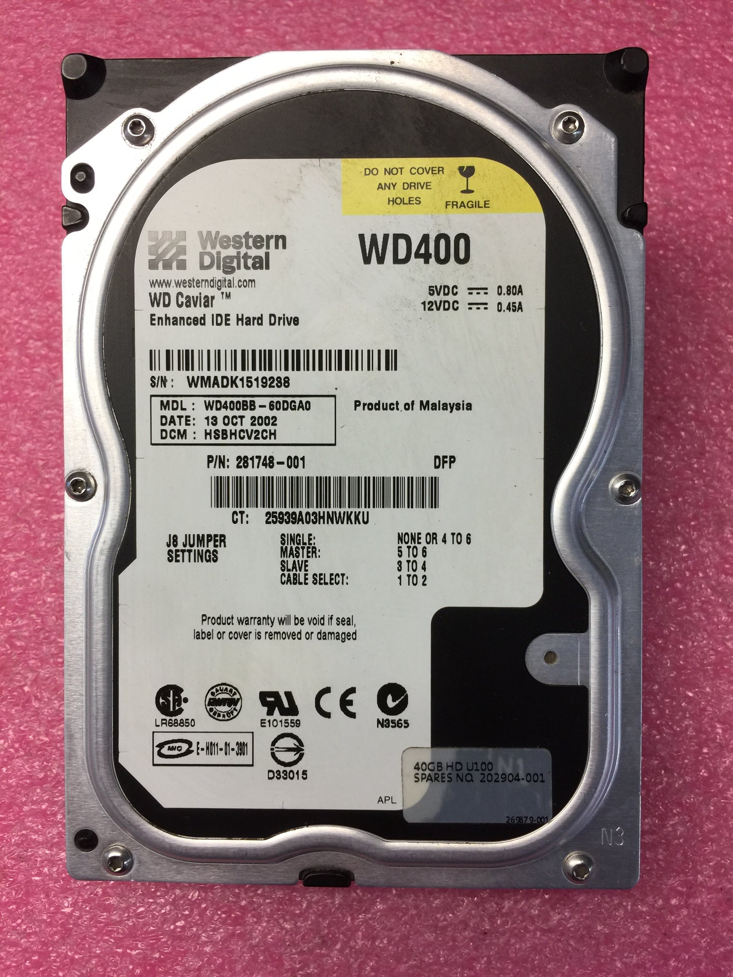 HP 281748-001 Western Digital WD Caviar WD400BB-60DGA0 3.5" IDE Hard Drive used