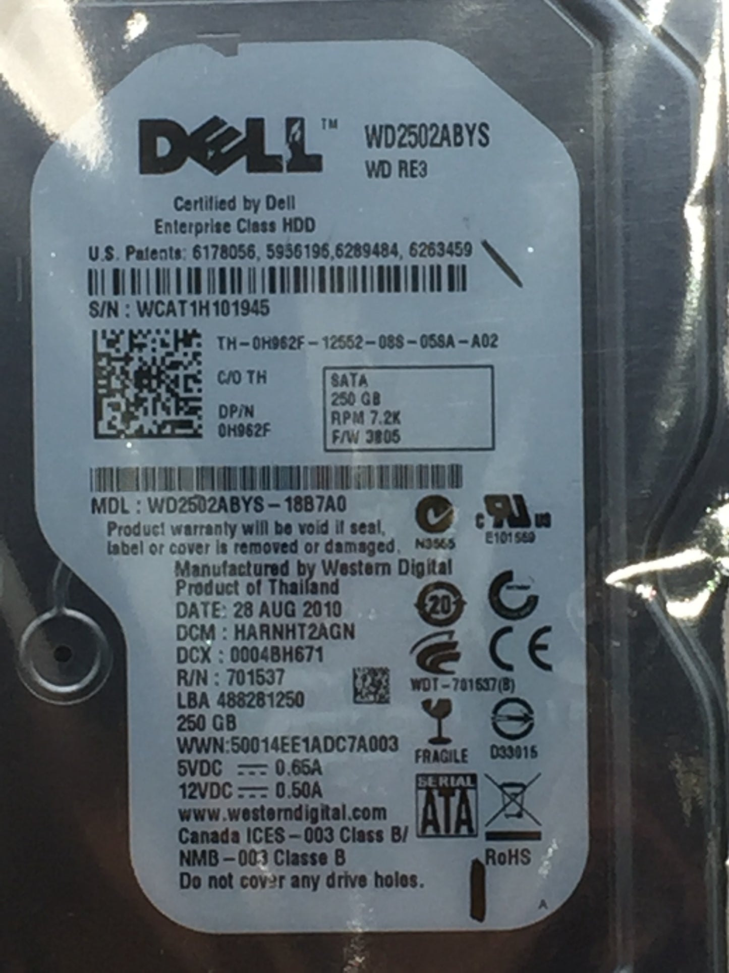 WD RE3 250GB 7200 RPM 16MB Cache SATA 3.0Gb/s 3.5" Enterprise HDD used