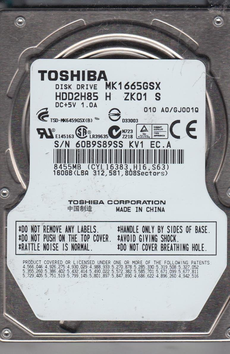 MK1665GSX, A0/GJ001Q, HDD2H85 H ZK01 S, Toshiba 160GB SATA 2.5 HDD Used Grade A