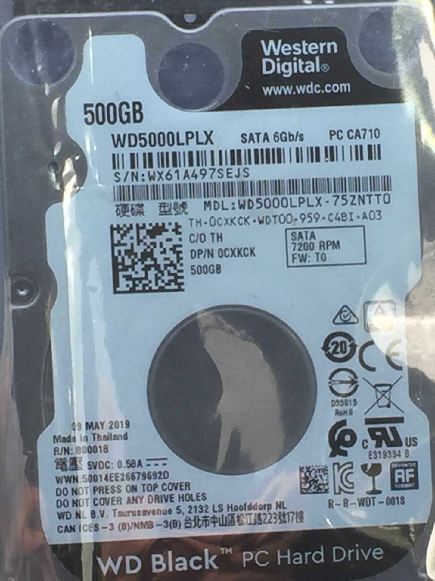 WD Black 500GB 7200 RPM 32MB Cache SATA 6.0Gb/s 2.5" 7mm Mobile Hard Drive used