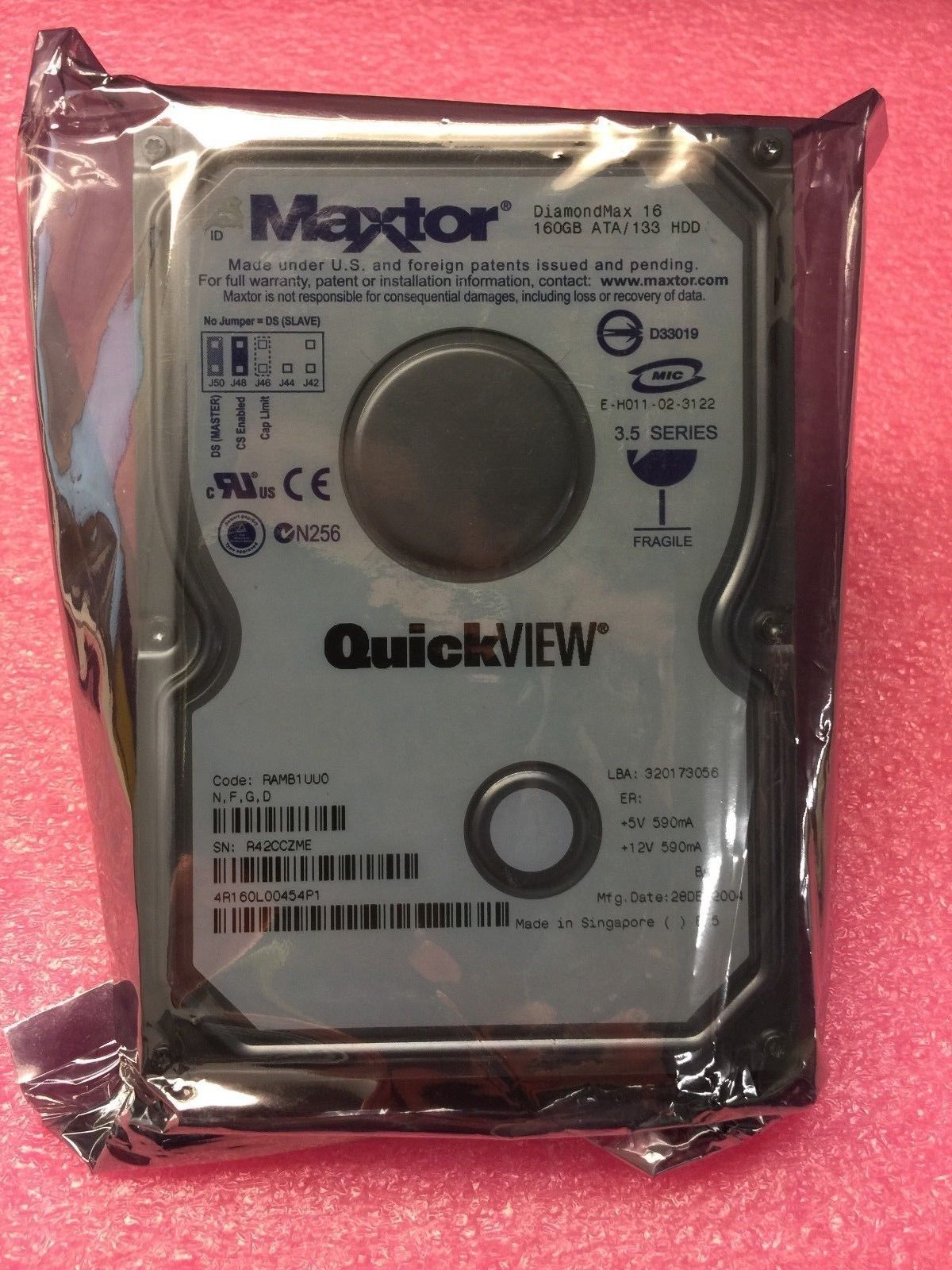 4R160L0 (0454P1) Maxtor 160GB 3.5inch/5400rpm/IDE DiamondMax 16 Used
