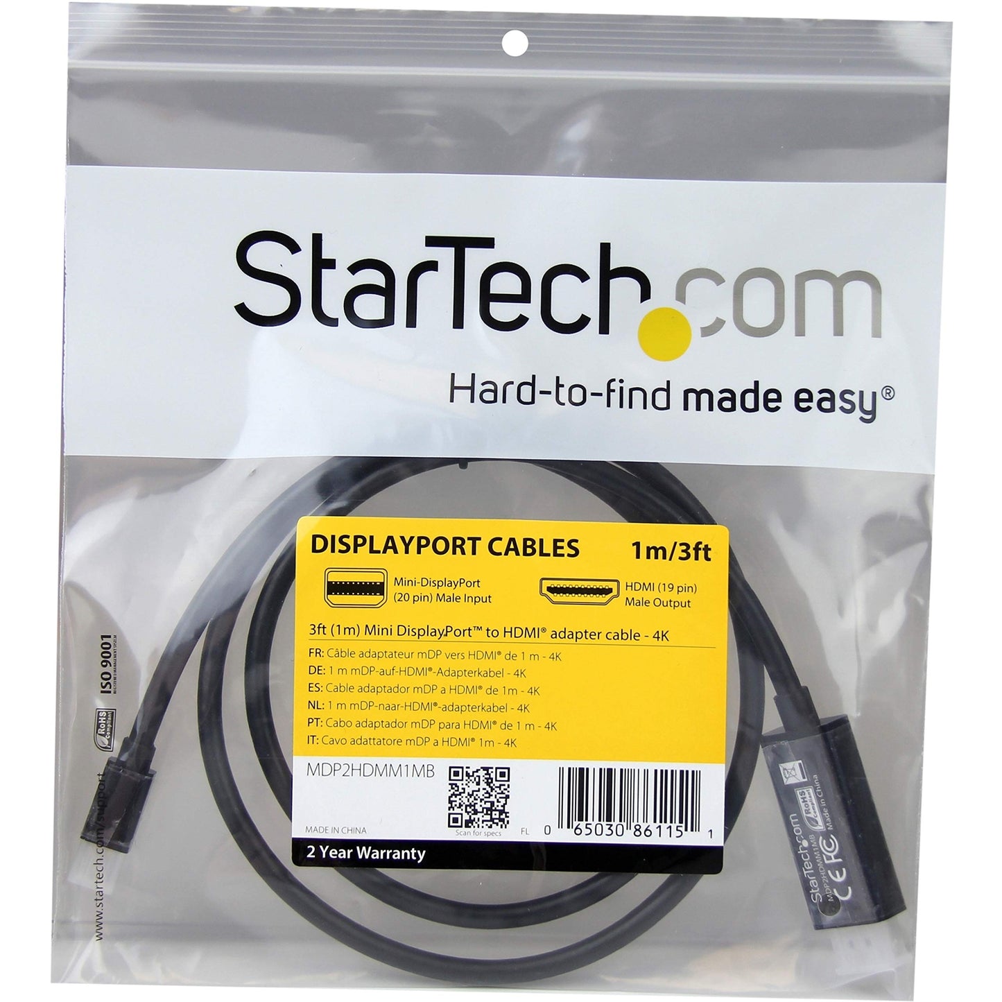 StarTech.com 3ft (1m) Mini DisplayPort to HDMI Cable - 4K 30Hz Video - mDP to HDMI Adapter Cable - Mini DP or Thunderbolt 1/2 Mac/PC to HDMI Monitor/Display - mDP to HDMI Converter Cord (MDP2HDMM1MB)