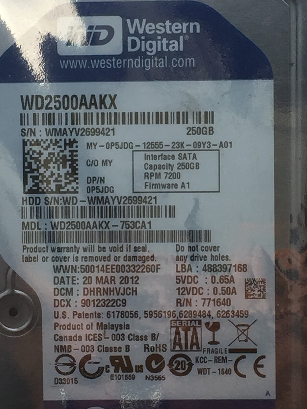 WD2500AAKX Caviar Blue 250GB 7200 RPM 16MB Cache SATA 6.0Gb/s 3.5" HDD used