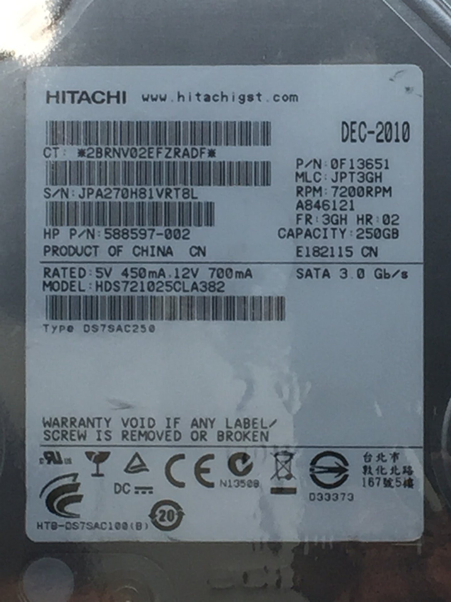 Hitachi Deskstar 7K1000.C 250GB 7200 RPM 8MB SATA 3.0Gb/s 3.5" Internal HDD USED