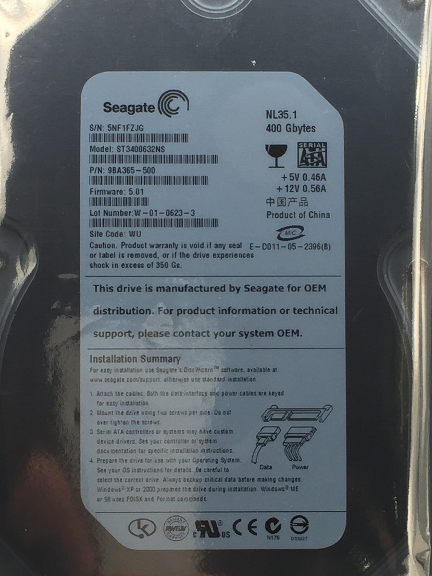 Seagate Barracuda ST3400632NS 400GB 7200 RPM 16MB SATA 3.5" Enterprise HDD used