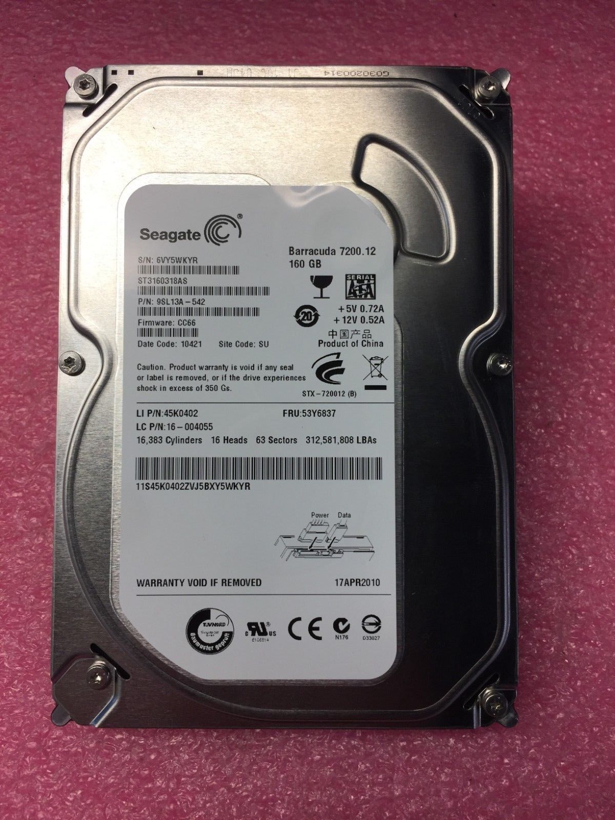 LENOVO 45K0402 53Y6837 160GB 7200 RPM 3.5" SATA Hard Disk Drive