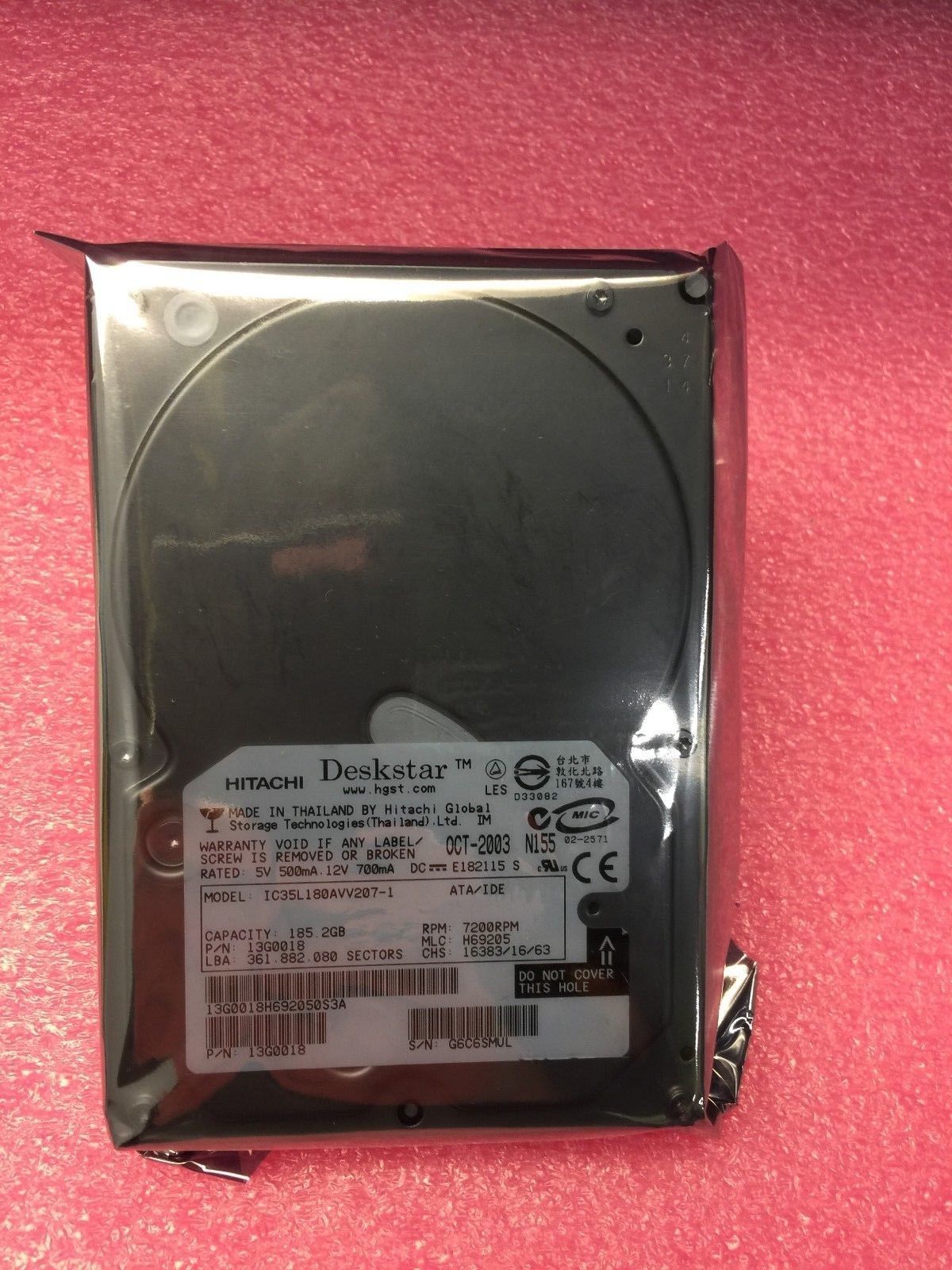 Hitachi (13G0018) 7.2K RPM Form Factor 3.5 IDE Hard Drive 185.2GB used