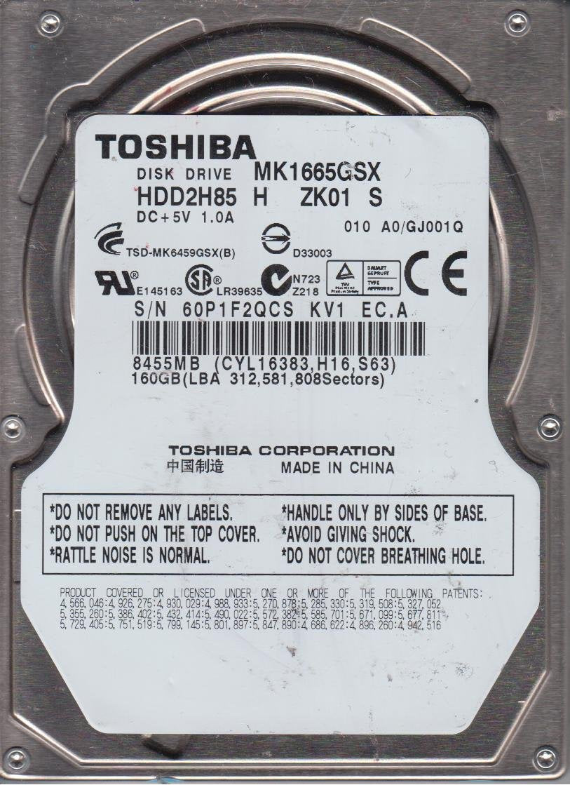 MK1665GSX, A0/GJ001Q, HDD2H85 H ZK01 S, Toshiba 160GB SATA 2.5 HDD Used Grade A