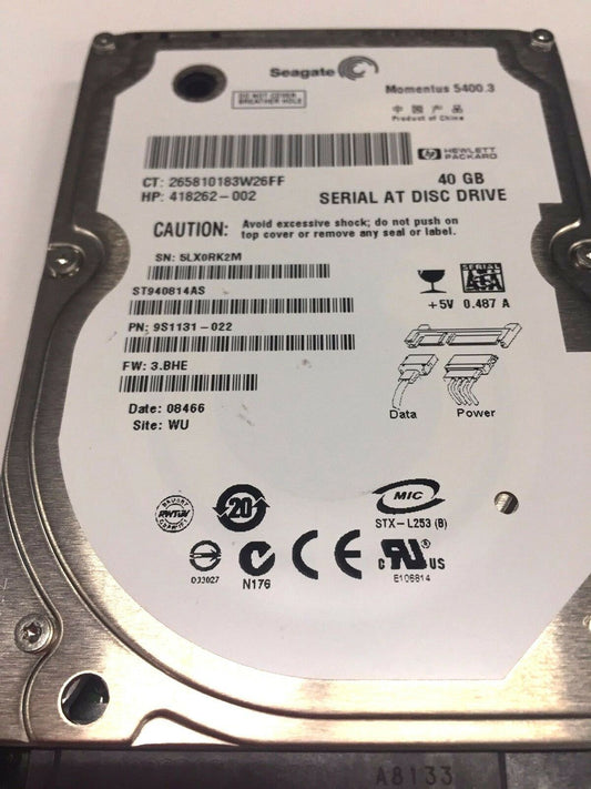 Seagate ST940814AS 9S1131-030 FW:3.CDD WU 40gb 2.5" Sata HDD used Grade A