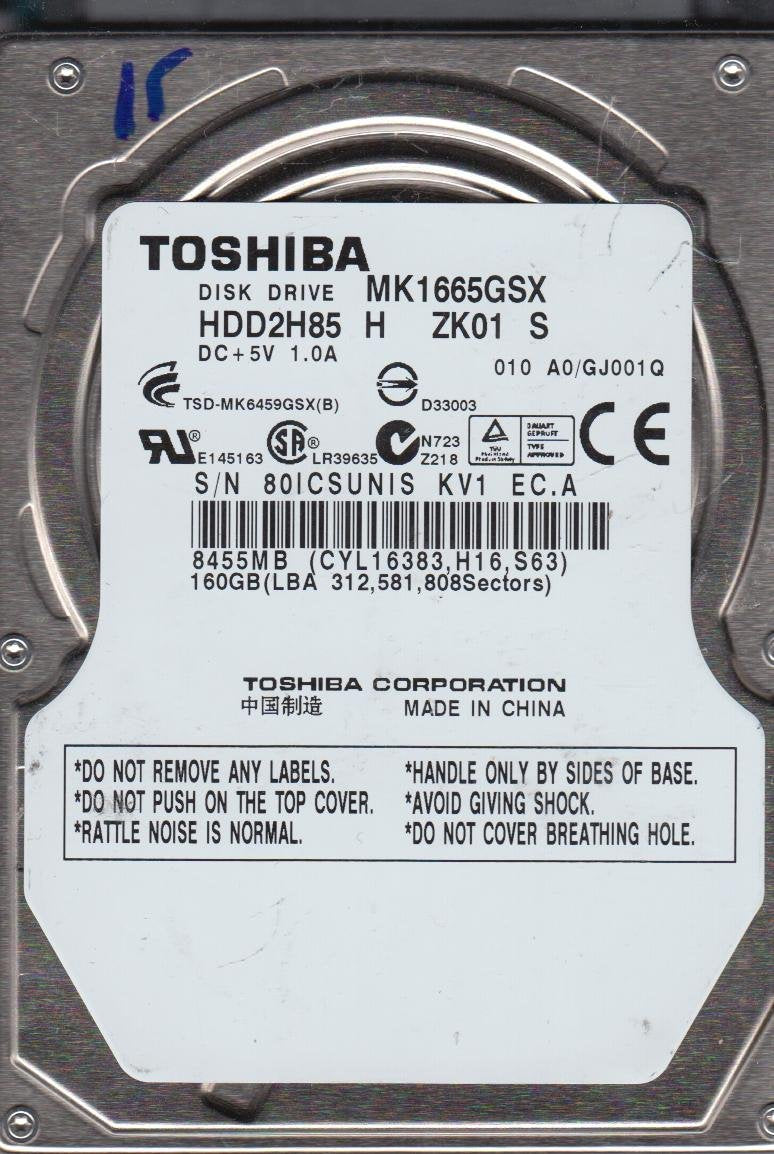 MK1665GSX, A0/GJ001Q, HDD2H85 H ZK01 S, Toshiba 160GB SATA 2.5 HDD Used Grade A