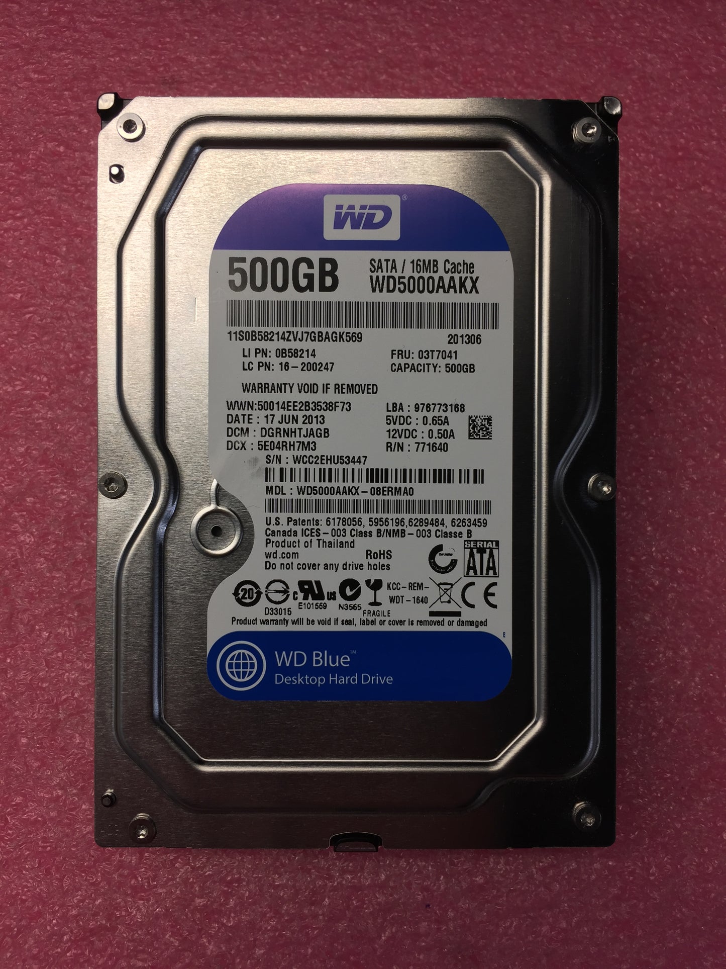 03T7041 Lenovo (WD5000AAKX) 500Gb 7200Rpm 3.5Inch 6Gbps Sataiii Hard Drive used