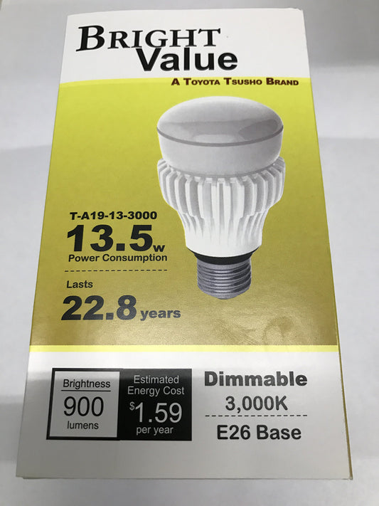 Lot of 10 Toyota Tsusho T-A19-13-3000 13.5-watt Dimmable LED Light Bulb