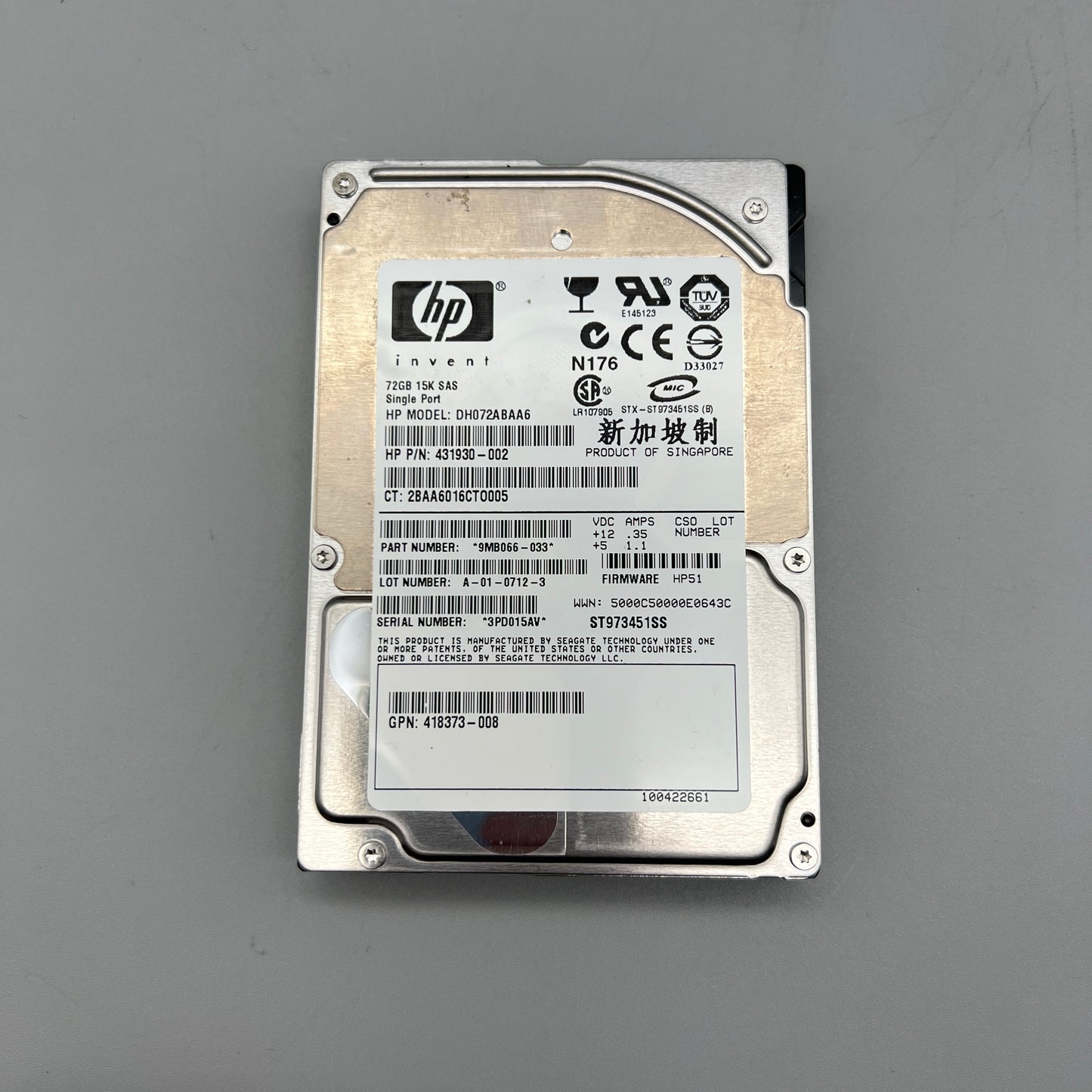 HP 72GB 15K RPM SAS 2.5" 418373-008 431930-002