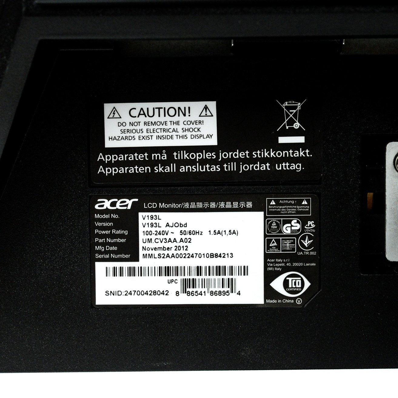 Acer V193L UM.CV3AA.A01 19-Inch Screen LCD Monitor used Grade A