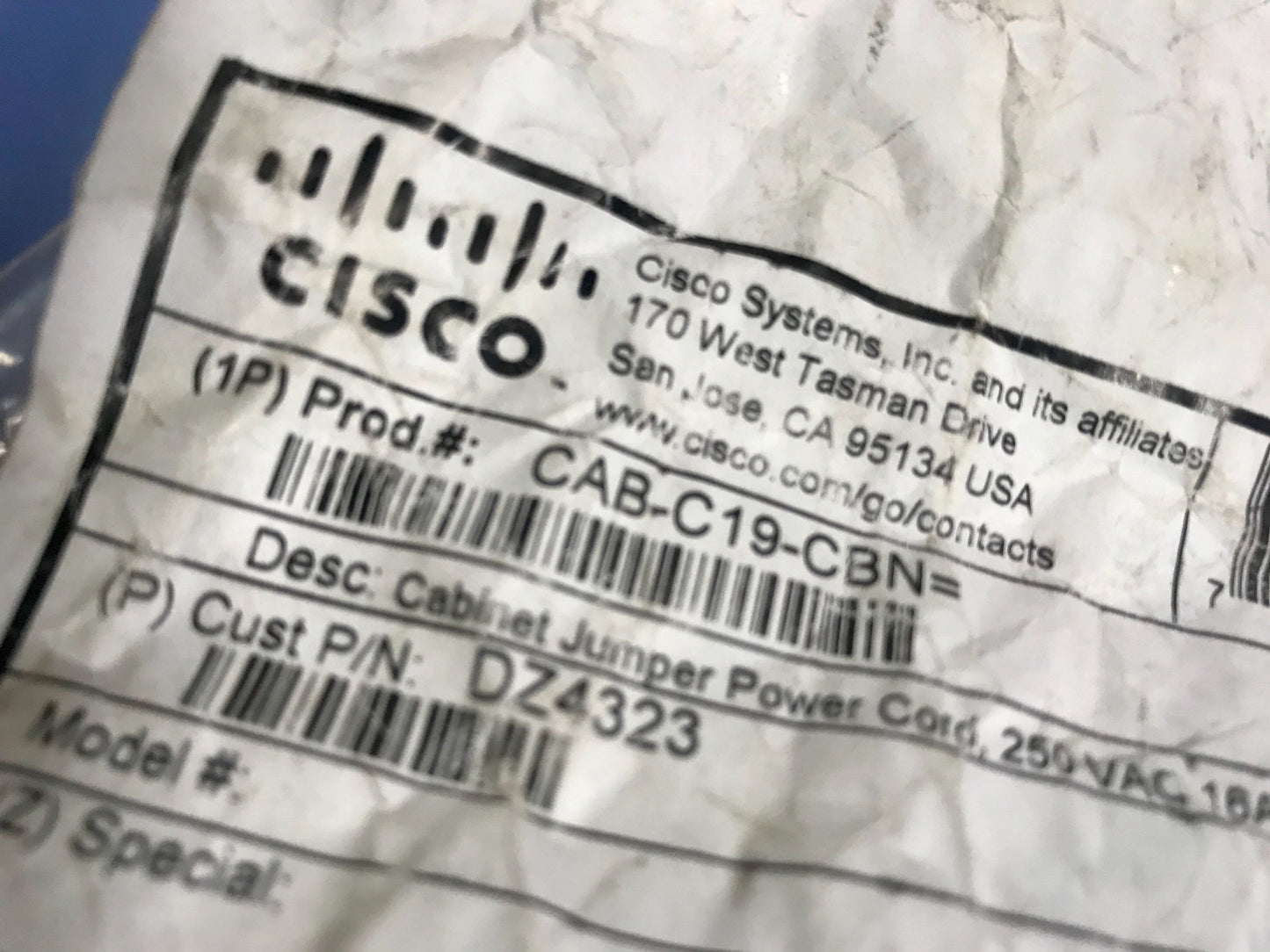 Cisco Cabinet Jumper Pwr Cord 250VAC 16A Connectors CAB-C19-CBN