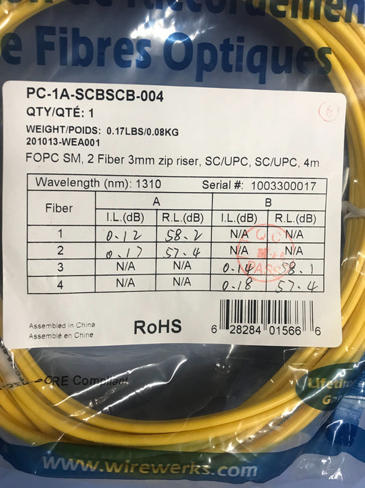 FOPC SM, Fiber 3mm zip riser, SC/UPC, SC/UPC, 4m