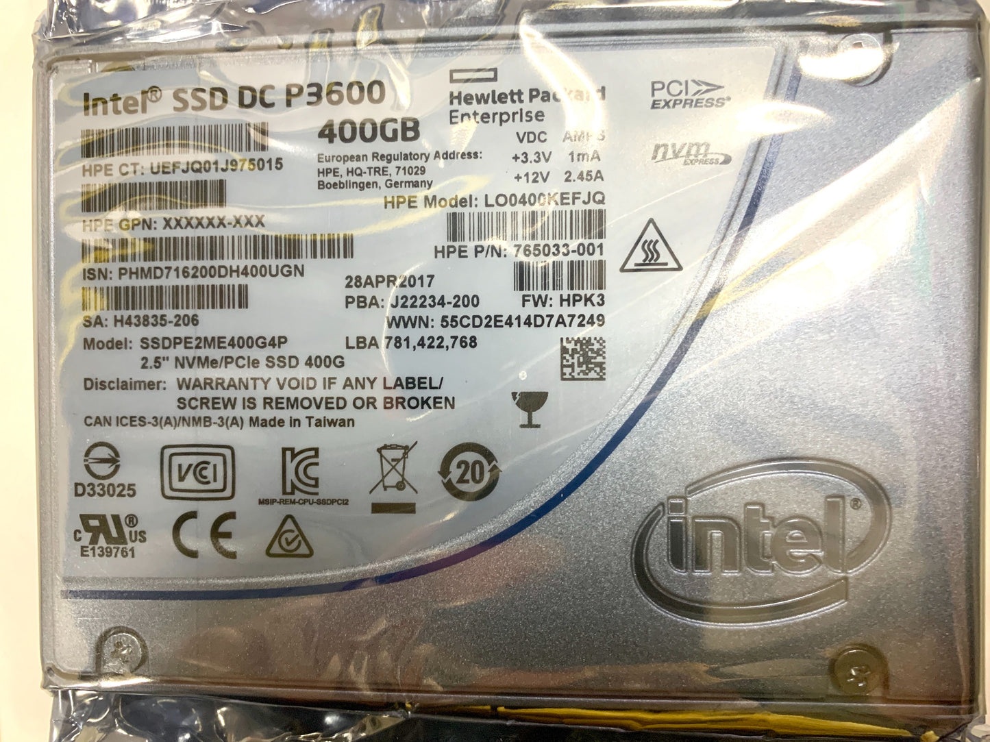 Intel SSD PC P3600 400GB 765033-001 SDDPE2ME400G4P 2.5" NVMe/PCIe