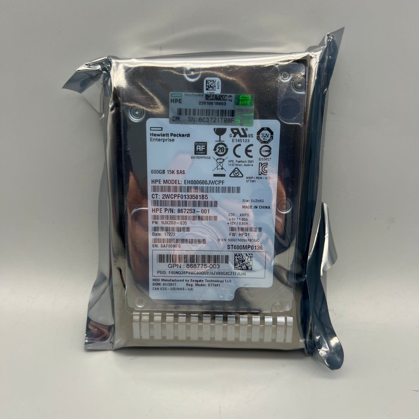 HPE 868775-003 600GB 15K 12Gbps 2.5" SFF SAS HDD with Smart Carrier 870797-001