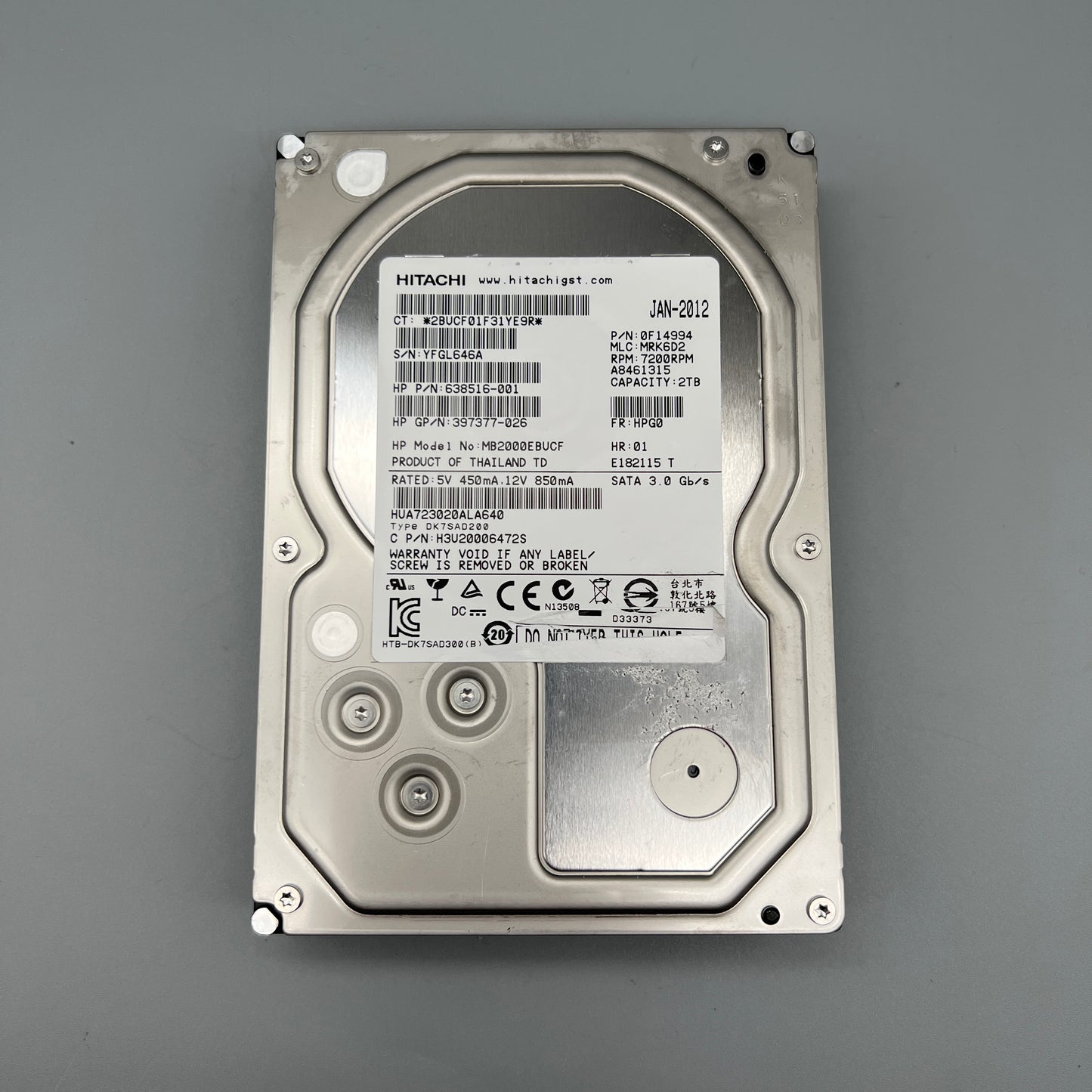 HP | HITACHI 2TB 7200RPM 3.5" LFF SATA 3Gb/s 507774-B21 638516-001 397377-026