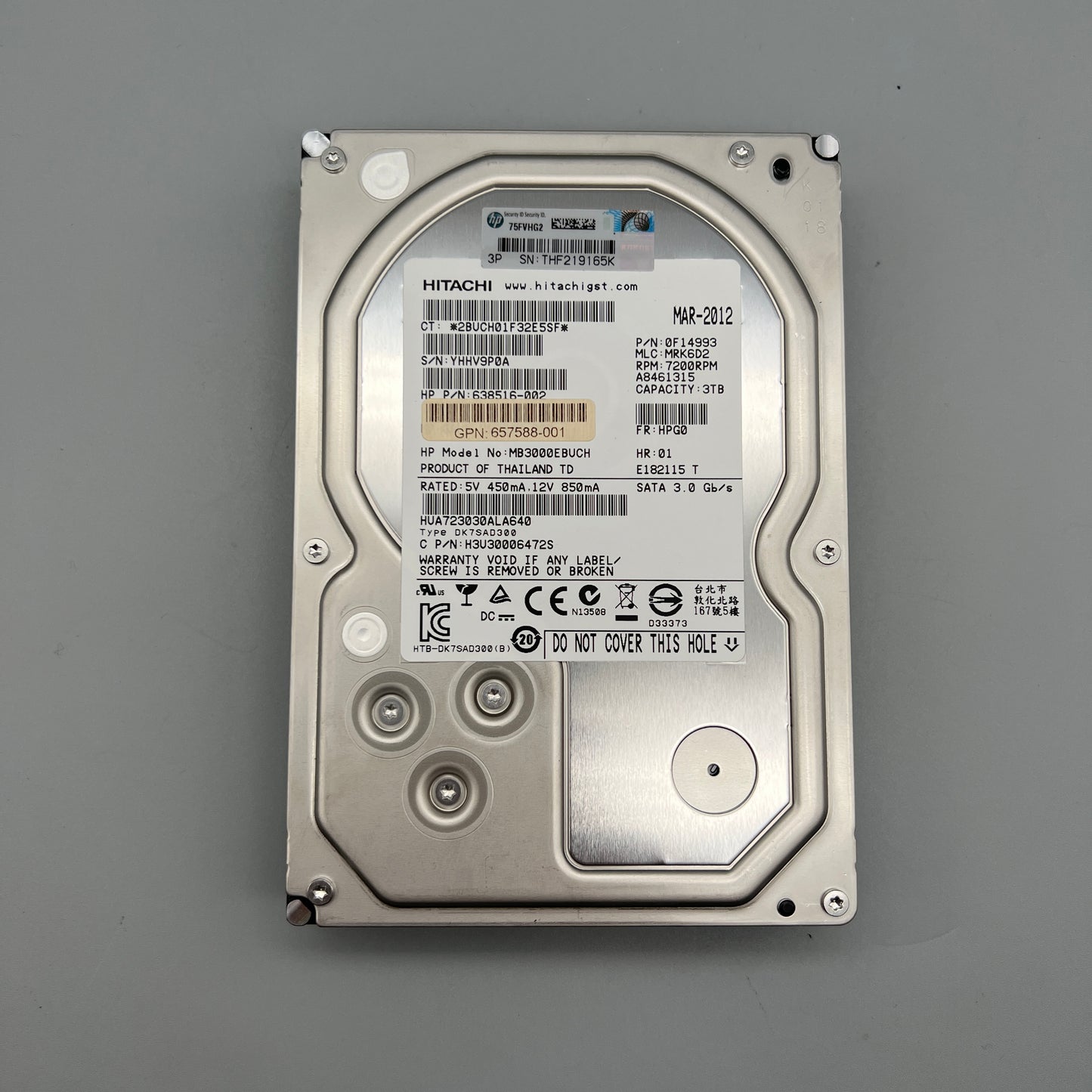 HP | HITACHI 3TB 7200RPM 3.5" SATA ProLiant G1-G7 638516-002 657588-001 MB3000EBUCH