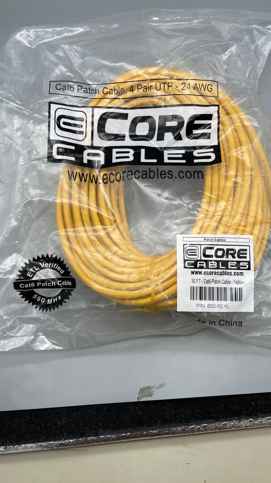 ECORE CABLES 650-50-YL Non BOOTED, CAT 6, 50FT, 4 Pair UTP- 24AWG, Patch Cable, Yellow