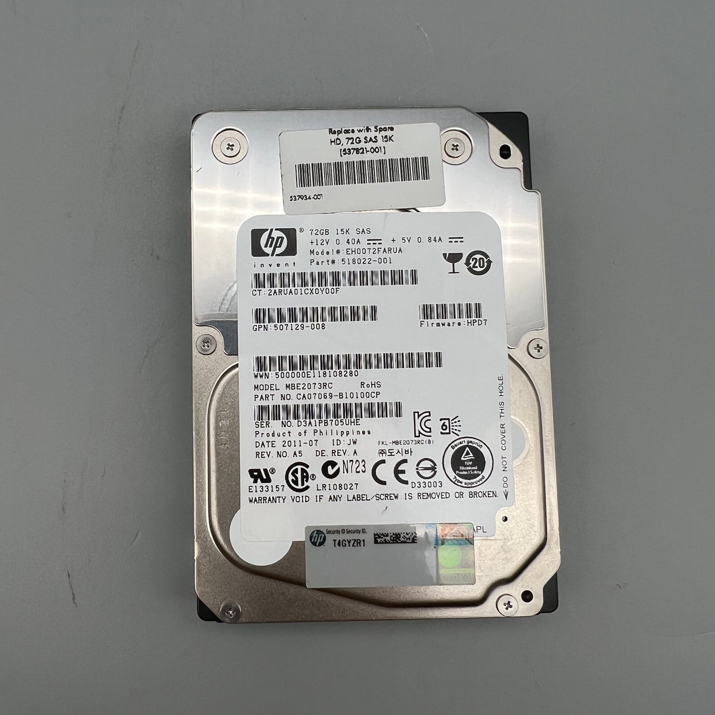 HP 72GB 15000RPM SAS 2.5-inch HDD 518022-001 507129-008 EH0072FARUA 537821-001