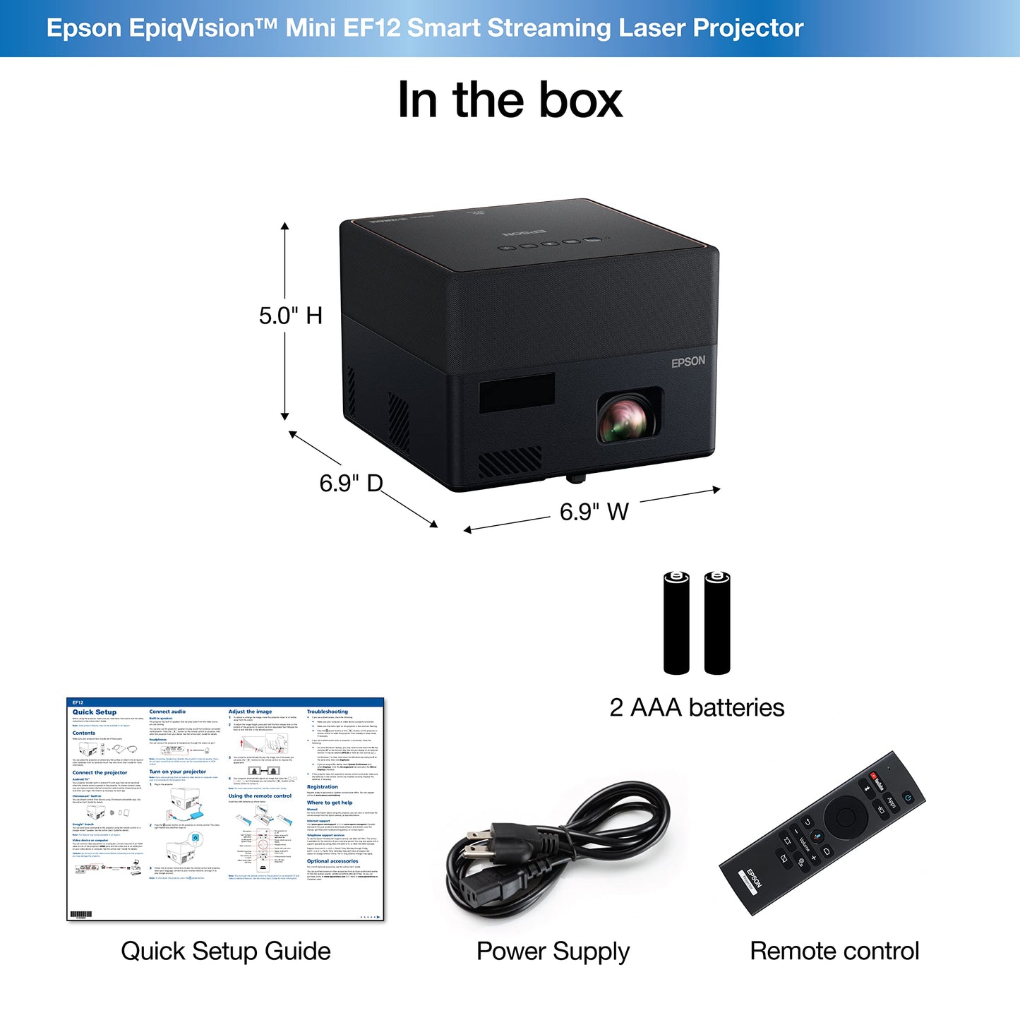 Epson EpiqVision Mini EF12 Smart Streaming Laser Projector, HDR, Android TV, Portable, sound by Yamaha, 3LCD, Full HD 1080p, 1000 lumens Color and White Brightness Bluetooth support Black Small