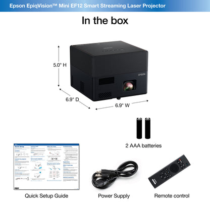 Epson EpiqVision Mini EF12 Smart Streaming Laser Projector, HDR, Android TV, Portable, sound by Yamaha, 3LCD, Full HD 1080p, 1000 lumens Color and White Brightness Bluetooth support Black Small