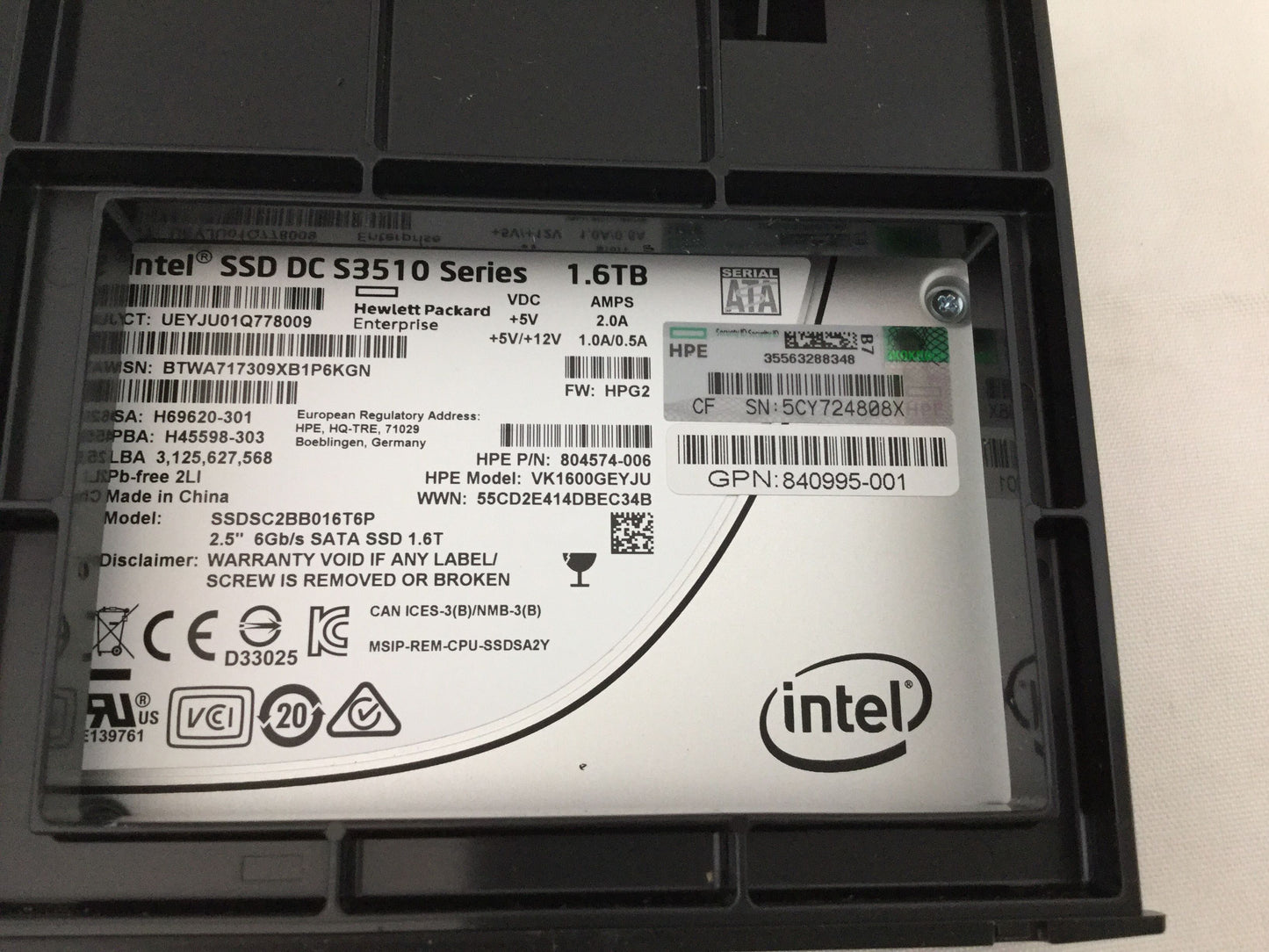 804574-006 HPE 1.6TB SATA 6G 2.5" SSD 0-Hours  SSDSC2BB016T6P 840995-001  S3510