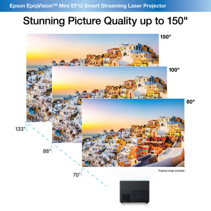 Epson EpiqVision Mini EF12 Smart Streaming Laser Projector, HDR, Android TV, Portable, sound by Yamaha, 3LCD, Full HD 1080p, 1000 lumens Color and White Brightness Bluetooth support Black Small