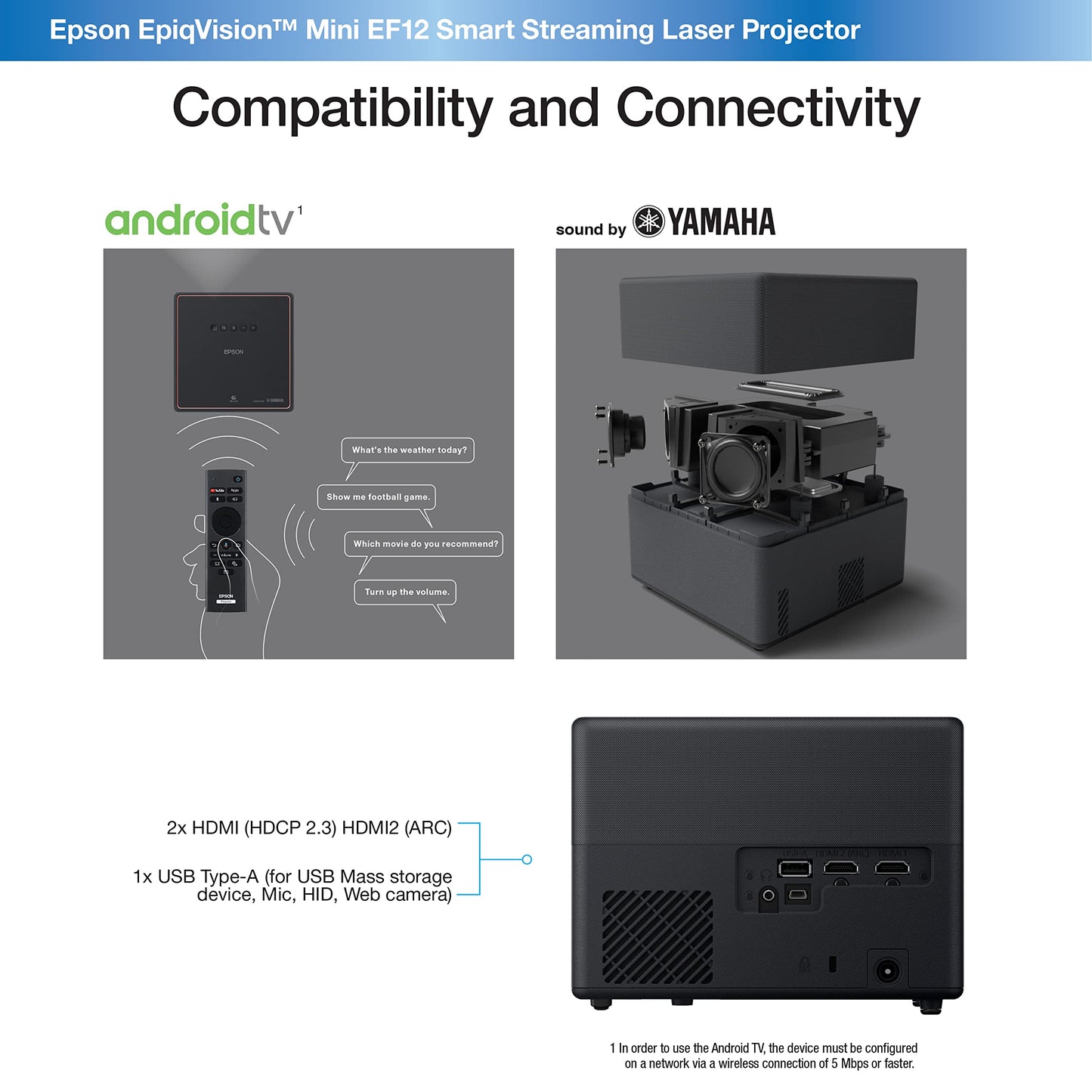 Epson EpiqVision Mini EF12 Smart Streaming Laser Projector, HDR, Android TV, Portable, sound by Yamaha, 3LCD, Full HD 1080p, 1000 lumens Color and White Brightness Bluetooth support Black Small