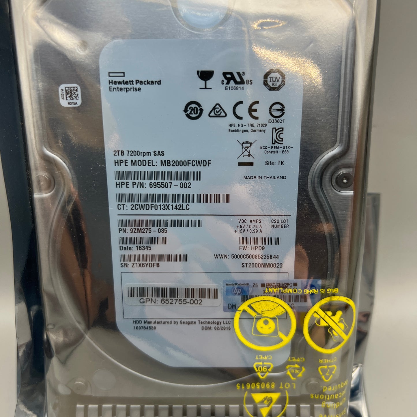 HPE 2TB 7.2k SAS SC HDD 3.5" with tray HOT-Pluggable 652755-002 695507-002