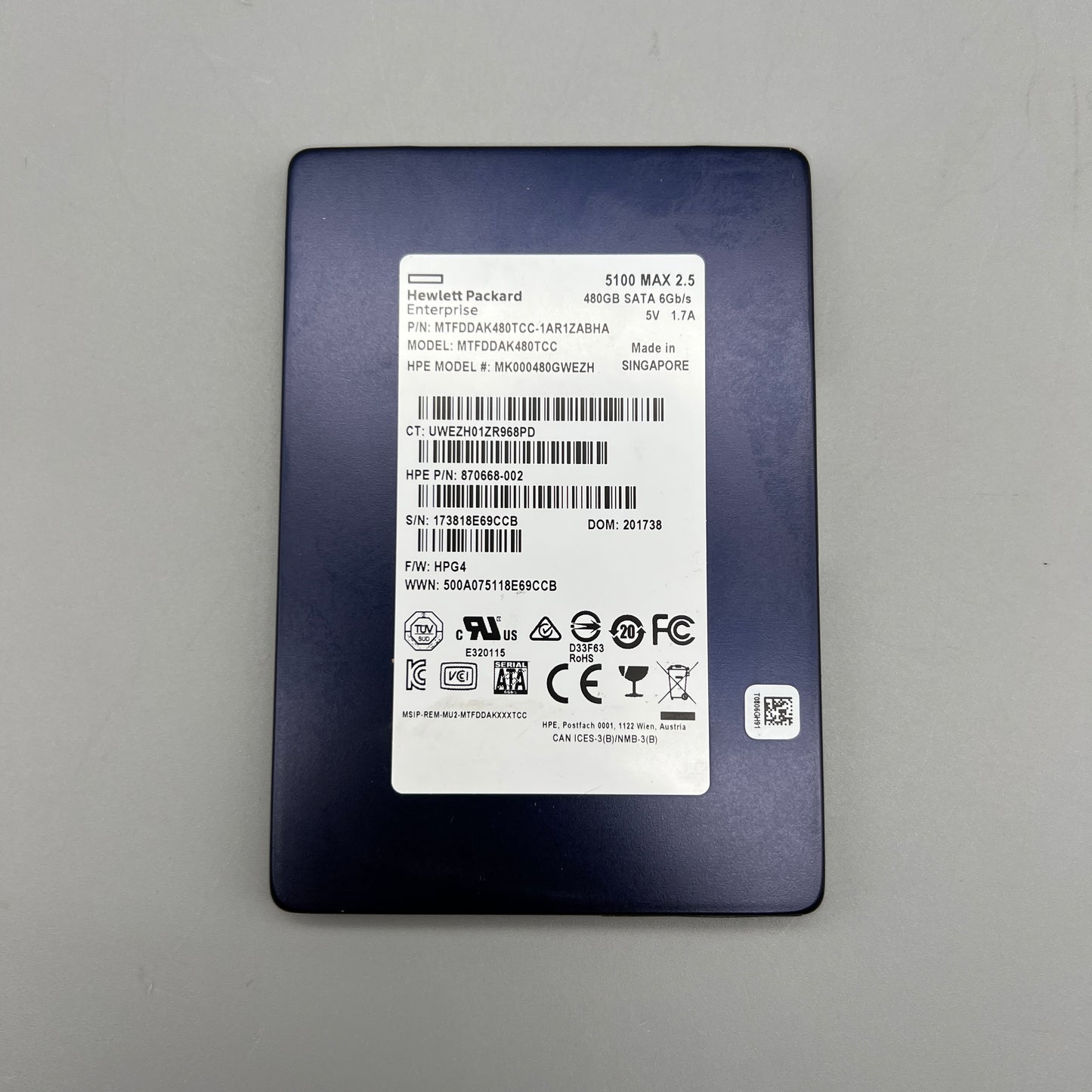 HPE/Micron SSD 5100 MAX 480GB Open Box 870668-002