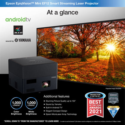 Epson EpiqVision Mini EF12 Smart Streaming Laser Projector, HDR, Android TV, Portable, sound by Yamaha, 3LCD, Full HD 1080p, 1000 lumens Color and White Brightness Bluetooth support Black Small