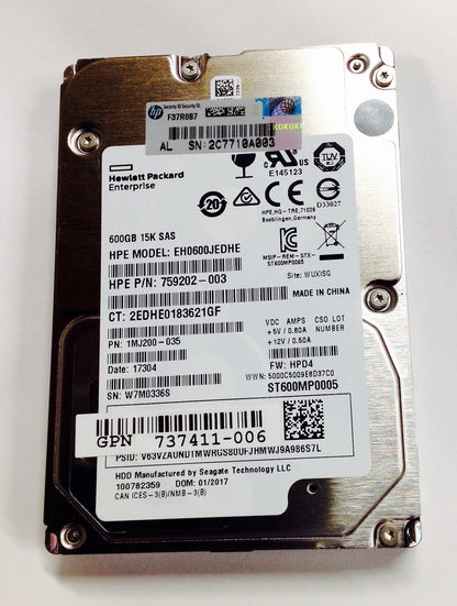 HPE 600GB 15K SAS 12Gb/s LFF 3.5" Hard Drive EH0600JEDHE  759202-003